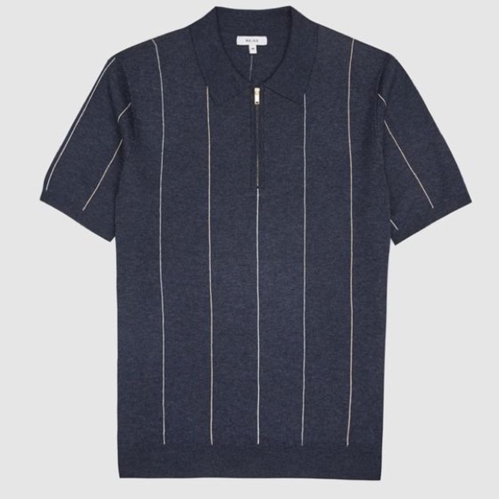 Reiss Renfrew Striped Zip Neck Polo Shirt (Navy) in size XS